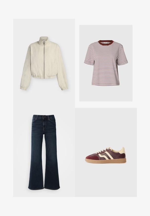 Chaqueta beige claro con cremallera, cuello alto, mangas largas, puños y dobladillo elásticos, mostrada sobre un fondo liso.; Camiseta blanca de manga corta con finas rayas horizontales marrones y cuello redondo marrón sólido, mostrada sobre un fondo claro y liso.; Mos Mosh HERA - Vaqueros a campana - dark blue; Zapatillas de cuero burdeos y crema con detalles de ante, que presentan dos rayas diagonales, una suela de goma texturizada y un diseño de puntera redondeada.
