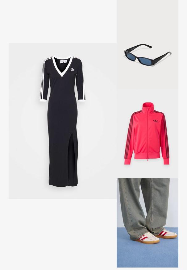 Särav roosa lukuga spordijakk, millel on rinnal must Adidas logo ja kolm musta triipu, mis kulgevad mööda iga varruka allapoole.; Must mustriga, V-kaelusega must kleit, millel on valged triibud varrukatel ja külgsulgur. Valmistatud pehmest kangast, selle rinnal on väike logo.; Valged tennis kingad punaste triipudega, tekstureeritud kangast ülemine osa, ümar varvas, lame kummist tald, koos vabaaja, pleekinud siniste teksadega.; Mustad mustad mustade, elegantsest ristkülikukujulisest raamistikust ja sinistest objektiividest. Omab siledat tekstuuri ja tugevaid templeid. Kaubamärgi logo küljel.