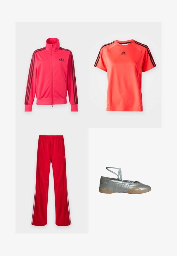 Särav roosa lukuga spordijakk, millel on rinnal must Adidas logo ja kolm musta triipu, mis kulgevad mööda iga varruka allapoole.; Lühikeste varrukatega, erksast korallist spordipusa, mis on valmistatud kergest kangast. Sobiline must Adidas'i logo ja iga õlavarre peal kolm musta triipu.; Punased spordipüksid lahtise lõikega, elastse vöörihma, kahe küljetasku ja valgete küljeribadega. Valmistatud siledast sünteetilisest materjalist.; Hõbedane baleriiniking koos beežist kummist tallaga ja pahkluu ümber mähitavate paeltega, disainitud kerguse, mugavuse ja paindliku sobivuse tagamiseks.