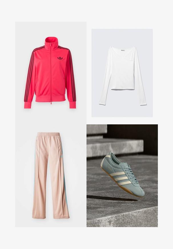 Felroze trainingsjas met rits, met zwart Adidas-logo op de borst en drie zwarte strepen langs elke mouw.; Witte long-sleeve top met een crossover ontwerp en een zak. Gemaakt van een gladde, rekbare stof. Geknipt in een casual, relaxte pasvorm.; Lichtroze sportbroek met een ontspannen pasvorm, voorzien van blauwe zijstrepen en een trekkoord in de taille. Gemaakt van soepel, lichtgewicht materiaal.; Lichtblauwe sportschoen met witte strepen, gemaakt van zacht materiaal, met een getextureerd oppervlak en een bruine rubberen buitenzool.