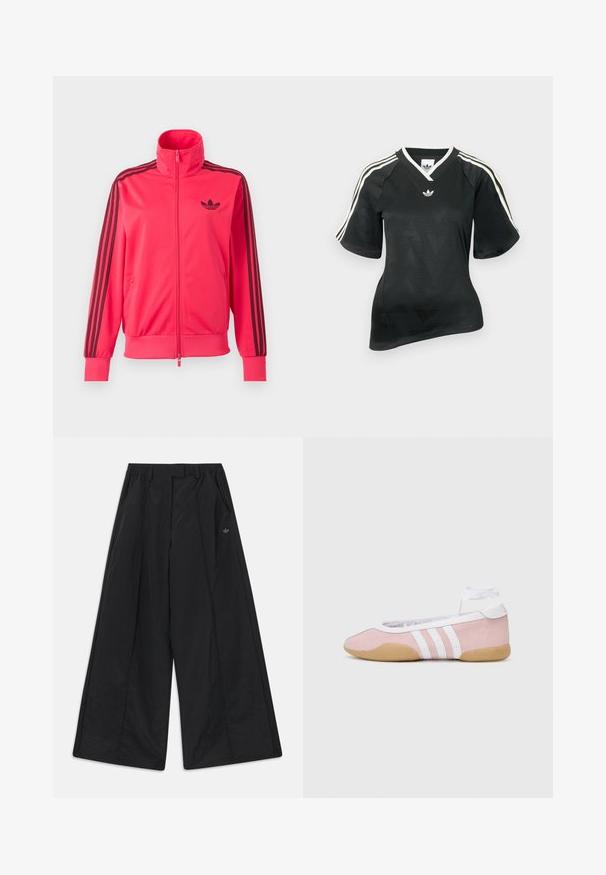 Chaqueta deportiva rosa brillante con cremallera, con logo negro de Adidas en el pecho y tres rayas negras que bajan por cada manga.; Camiseta deportiva negra con escote en V, mangas cortas y patrón de cheurón texturizado. Presenta detalles de tres franjas blancas en los hombros y logo.; Pantalones negros de pierna ancha con bolsillos laterales, trabillas para cinturón, pliegues delanteros y un pequeño logo de Adidas en el lado derecho.; adidas Originals TAEKWONDO MEI BALLET - Zapatillas - clear pink/ftwr white/gum