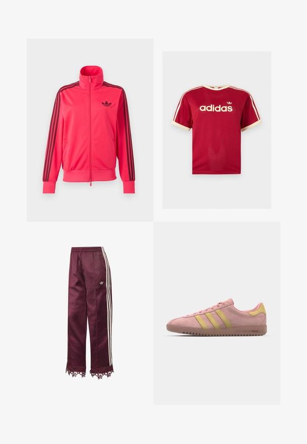 Chaqueta deportiva rosa brillante con cremallera, con logo negro de Adidas en el pecho y tres rayas negras que bajan por cada manga.; Camiseta de malla roja Adidas con ribetes beige en el cuello, las mangas y las tres rayas en los hombros, con el logo de Adidas y texto en el frente.; Pantalones deportivos de satén color burdeos con franjas laterales blancas, cintura elástica, bolsillos con cremallera y adornos de encaje en el dobladillo.; Zapatilla de ante rosa con tres franjas amarillas, puntera redondeada y suela de goma texturizada. Diseño de perfil bajo con un collar acolchado.