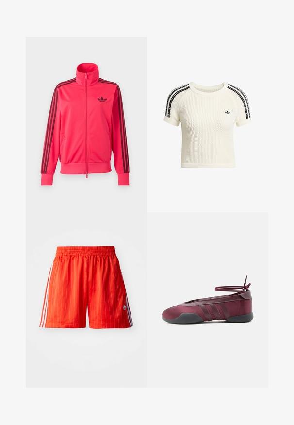 Lyserød træningsjakke med lynlås med sort Adidas-logo på brystet og tre sorte striber ned ad hver ærme.; Kremfarvet strikket crop top med tekstureret stof, korte ærmer og sorte stribede detaljer på skuldrene. Har en lille sort logo.; Røde sportsshorts med lodrette hvide striber, elastisk talje og lyseblå detaljer langs siderne. Har sidelommer.; Burgunderfarvet balletsko med sort sål, elastiske ankelstropper bundet i sløjfe og syninger på siderne, vist fra ydersiden.
