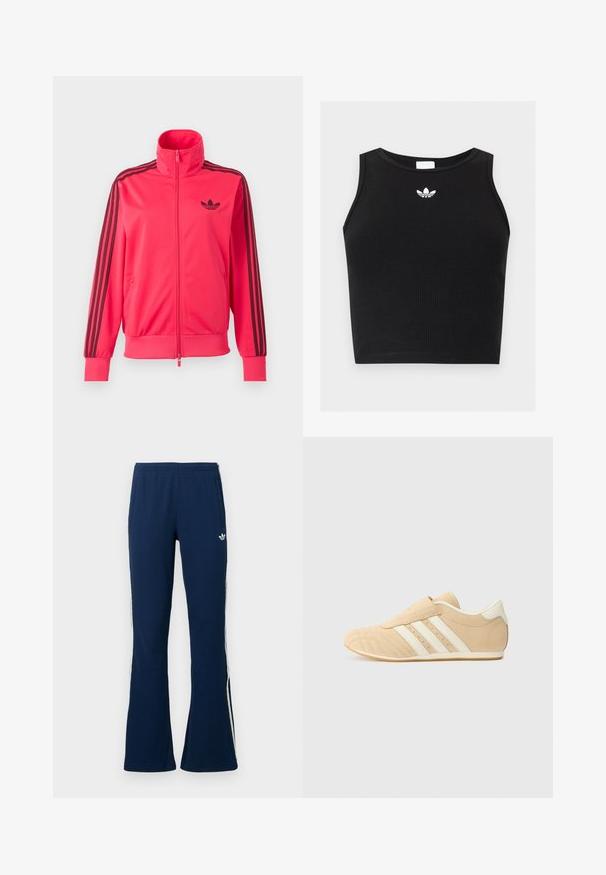Knallpinkes Trainingsjacke mit Reißverschluss, schwarzem Adidas-Logo auf der Brust und drei schwarzen Streifen, die an jedem Ärmel herunterlaufen.; Schwarzes, geripptes ärmelloses Crop-Top mit rundem Ausschnitt und kleinem weißen Adidas-Trefoil-Logo, das zentriert in der Nähe des Kragens platziert ist.; Marineblaue, gerippte, ausgestellte Trainingshosen mit weißen Seitenstreifen und einem gestickten Logo auf der linken Seite, ausgestattet mit zwei Seitentaschen.; Tan- und cremefarbene Sportschuhe mit einem glatten Lederoberteil, drei weißen Streifen an der Seite und einer abgerundeten Zehenpartie. Strukturiertes Obermaterial mit Perforationen.