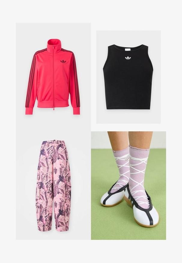 Veste de sport zippée rose vif avec logo Adidas noir sur la poitrine et trois bandes noires courant le long de chaque manche.; Crop top noir côtelé sans manches avec encolure ronde et petit logo blanc Adidas trefoil centré près du col.; Des pantalons larges à motifs roses et violets présentent un design de feuilles et de branches, avec une taille haute et des poches latérales pour une fonctionnalité supplémentaire.; Jambes portant des chaussettes lavande côtelées avec des brides blanches croisées, associées à des ballerines blanches avec un bord noir sur un sol vert.