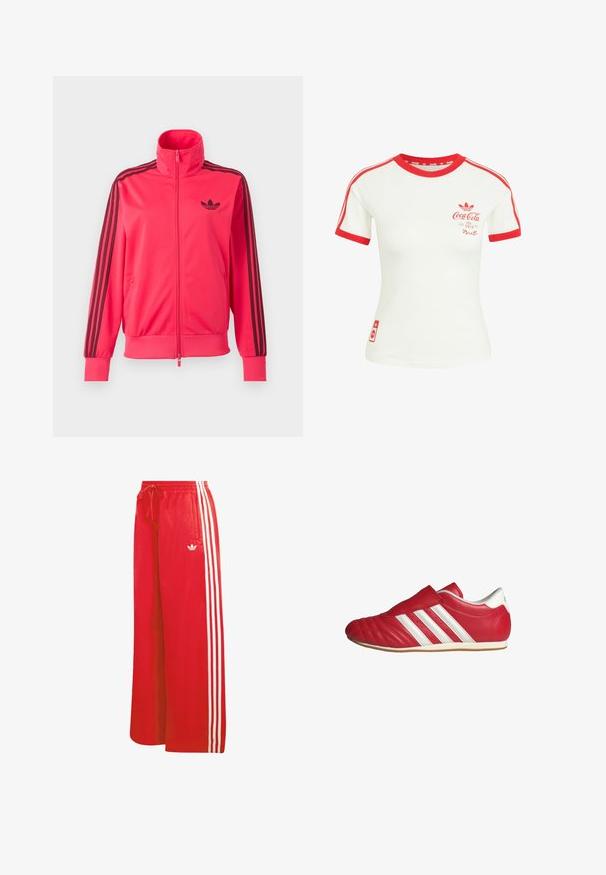 Knallpinkes Trainingsjacke mit Reißverschluss, schwarzem Adidas-Logo auf der Brust und drei schwarzen Streifen, die an jedem Ärmel herunterlaufen.; Weißes T-Shirt mit kurzen Ärmeln, rotem Kragen, Ärmelsaum, Streifen und Coca-Cola-Logo auf der Brust und unteren Seite.; Rote Sporthose aus leichtem Material, mit weitem Bein, elastischem Bund, Kordelzug und drei weißen Streifen auf jeder Seite.; Rote Ledersportschuh mit runder Spitze, strukturiertem Obermaterial, weißen Seitenstreifen und Klettverschluss. Flache Gummisohle für besseren Halt.