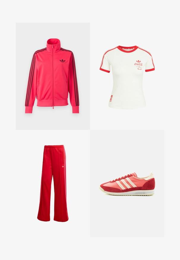 Lyserød træningsjakke med lynlås med sort Adidas-logo på brystet og tre sorte striber ned ad hver ærme.; Hvid T-shirt med korte ærmer med rød krave, ærmekant, striber og Coca-Cola-logo på brystet og nederste side.; Røde atletiske bukser med brede ben, elastisk talje og sidelomme med lynlås. Har et lille hvidt logo på venstre side. Glat tekstur.; Rød og pink Adidas lavsko med cremefarvede tre striber, ruskinddetaljer og hvid rillede sål.