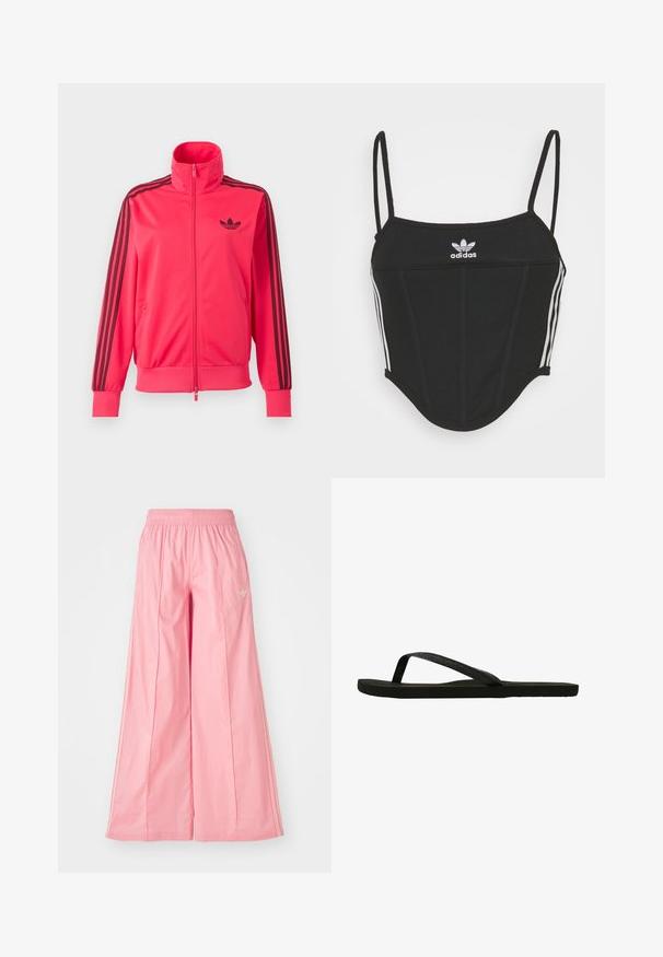 Lyserød træningsjakke med lynlås med sort Adidas-logo på brystet og tre sorte striber ned ad hver ærme.; Sort ribbet crop top med justerbare tynde stropper, der har tre hvide striber på siderne og et lille hvidt Adidas-logo i midten.; Lyserøde brede bukser lavet af let materiale, med elastisk talje og diskrete hvide side striber. Lille logo på fronten.; Sort flip-flop med en struktureret rem og flad sål. Remmen har en subtil glans. Enkel design, letvægts og fleksibel form.