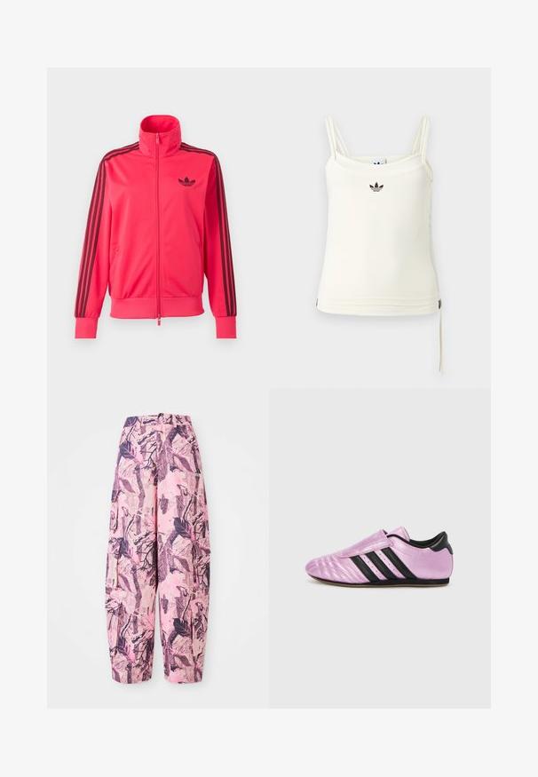 Svetloružová športová bunda na zips s čiernym logom Adidas na hrudi a tromi čiernymi pruhmi na každom rukáve.; Krémové tielko s tenkými ramienkami; čierne logo Adidas na prsiach. Hladká látka s detailom sťahovacieho šnúrky na leme. Jednoduchý dizajn.; Ružové a fialové široké nohavice s vzorom obsahujúce dizajn listov a vetvičiek, s vysokým pásom a bočnými vreckami pre väčšiu funkčnosť.; adidas Originals TAEKWONDO W - Tenisky - purple bliss/lilac/core black