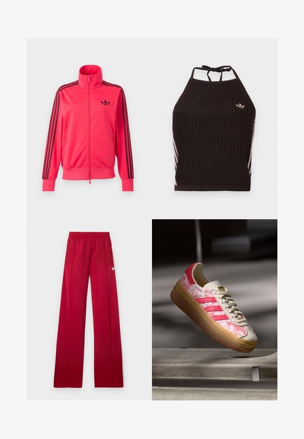 Svetloružová športová bunda na zips s čiernym logom Adidas na hrudi a tromi čiernymi pruhmi na každom rukáve.; Čierny sieťovaný crop top so štruktúrovaným dizajnom. Má ružové akcentové pruhy a malú logo na prednej strane. Zaviazanie na chrbte.; Červené široké teplákové nohavice s elastickým pásom, bočnými zipsovými vreckami, bielymi pruhmi po stranách a malým bielym logom na ľavom stehne.; Tenisky s ružovým vzorom, s mäkkým vrchom z of-white kože, tromi ružovými pruhmi a gumenou podrážkou. Zlato-tlačené logo na jazyku.