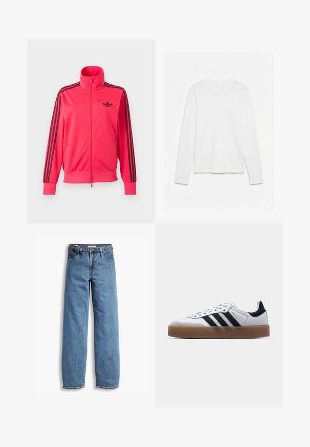 Särav roosa lukuga spordijakk, millel on rinnal must Adidas logo ja kolm musta triipu, mis kulgevad mööda iga varruka allapoole.; Lihtne valge pika varrukaga ümara kaelusega särk, mis on laotatud valgele pinnale, nähtaval on esiosa ja varruka kogu pikkus.; Heledad sinine teksapüksid sirge lõikega, viie taskuga, nähtava õmblusega ja kergelt kulunud tekstuuriga. Tavaline nööp ja lukku sulgemine.; Valged nahast tossud mustade triipudega, kummist välistald, ümmargune nina, seotud sulgemine ja pehme hall suede ninaosa.
