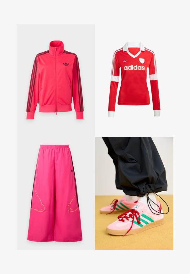 Särav roosa lukuga spordijakk, millel on rinnal must Adidas logo ja kolm musta triipu, mis kulgevad mööda iga varruka allapoole.; Punane pikade varrukatega jalgpallipluus valge krae ja varrukateotstega. Omab kolme valget triipu õlgadel ja väljapaistvat "adidas" logo.; Roosad spordipüksid, millel on elastne vöökoht, laiad sääred, mustad küljetükid ja kollane õmbluse detail. Esiküljel on Adidas logo.; Roosa sametist tossud roheliste triipudega, punased paelled ja kummitald. Kombineeritud mustade pükstega, mis on pahkluudest kokku korjatud.