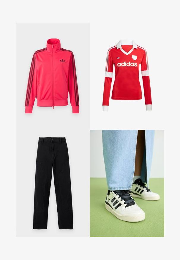 Särav roosa lukuga spordijakk, millel on rinnal must Adidas logo ja kolm musta triipu, mis kulgevad mööda iga varruka allapoole.; Punane pikade varrukatega jalgpallipluus valge krae ja varrukateotstega. Omab kolme valget triipu õlgadel ja väljapaistvat "adidas" logo.; Mustad sirge säärega püksid eest taskutega, vööaasade ja nööpidega kinnitusega valgel lihtsal taustal.; Valged nahast tossud mustade aktsentide ja paeltega. Omavad kolme musta triipu, augulist varbaosa ja tekstureeritud kummist talla.