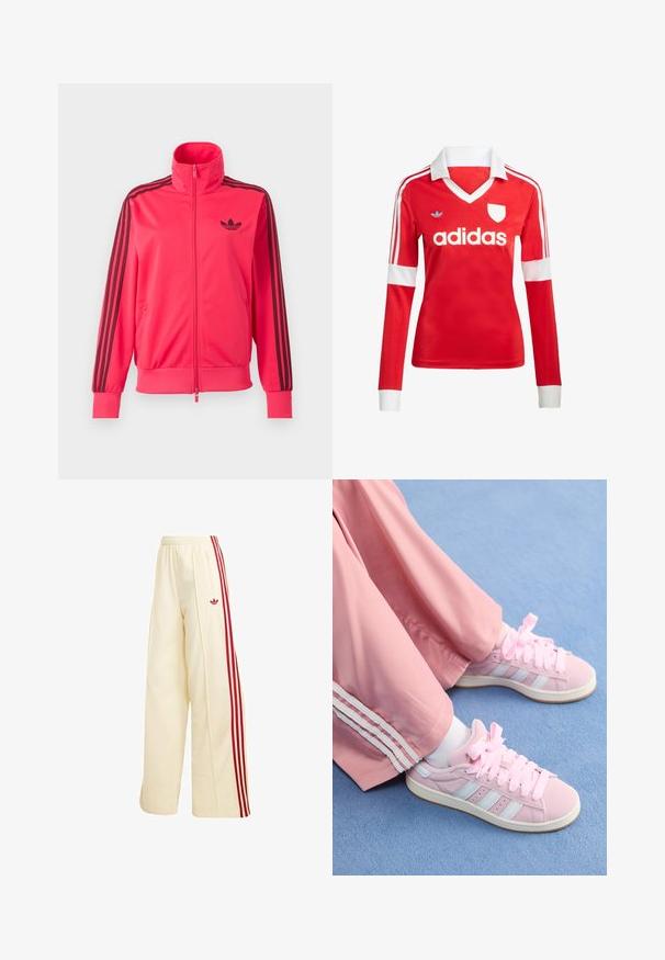 Felroze trainingsjas met rits, met zwart Adidas-logo op de borst en drie zwarte strepen langs elke mouw.; Rode lange mouwen voetbalshirt met een witte kraag en manchetten. Heeft drie witte strepen op de schouders en het "adidas" logo prominent weergegeven.; Crèmekleurige wijde trainingsbroek met rode zijstrepen, elastische tailleband, ritssluitingzak en rood Adidas-logo op de dij.; Roze sportieve schoenen met lichtblauwe strepen, ronde neuzen en dikke roze veters, gecombineerd met roze trainingsbroeken met witte zijstrepen.