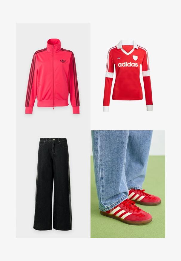 Särav roosa lukuga spordijakk, millel on rinnal must Adidas logo ja kolm musta triipu, mis kulgevad mööda iga varruka allapoole.; Punane pikade varrukatega jalgpallipluus valge krae ja varrukateotstega. Omab kolme valget triipu õlgadel ja väljapaistvat "adidas" logo.; Mustad laia säärega teksapüksid küljeribadega, esist taskutega, vööaasadega ja metallnupuga vöökohtadel sulgemiseks.; Punane sametist spordijalatsid kolme valge triibuga, ümmargune varvas ja tekstuurne välistald, koos helesiniste teksadega rohelise tausta ees.