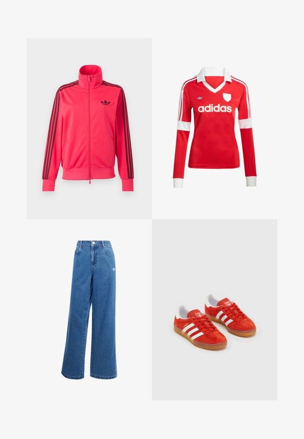 Knallpinkes Trainingsjacke mit Reißverschluss, schwarzem Adidas-Logo auf der Brust und drei schwarzen Streifen, die an jedem Ärmel herunterlaufen.; Rotes Fußballtrikot mit langen Ärmeln, weißem Kragen und weißen Ärmelbündchen. Es hat drei weiße Streifen auf den Schultern und das "adidas"-Logo ist auffällig platziert.; Weite blaue Denim-Jeans mit hohem Bund, vorderen Taschen und einem kleinen weißen Logodetail an der Hüfte. Leicht ausgeblichene Textur.; Rote Wildleder-Sneaker mit weißen Streifen, Gummi-Sohle, gepolstertem Kragen und Logo auf der Zunge. Klassisches Design mit strukturiertem Obermaterial.