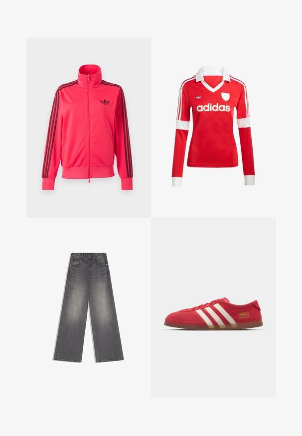 Lyserød træningsjakke med lynlås med sort Adidas-logo på brystet og tre sorte striber ned ad hver ærme.; Rød langærmet fodboldtrøje med hvid krave og manchetter. Har tre hvide striber på skuldrene og "adidas" logoet fremtrædende vist.; Grå denimjeans med vide ben og høj talje, med falmede detaljer, frontknap og lynlås samt lommer, på en hvid baggrund.; Røde ruskinds sneakers med hvidt tre-stripes design, flad ydersål og guld logo detalje. Lavskåren design med afrundet tå og snørebåndslukning.