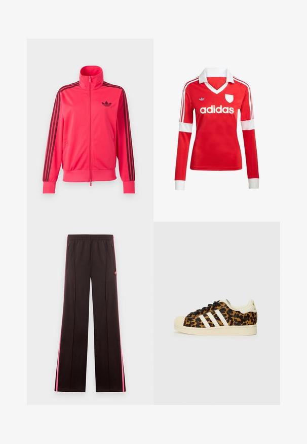 Svetloružová športová bunda na zips s čiernym logom Adidas na hrudi a tromi čiernymi pruhmi na každom rukáve.; Červený futbalový dres s dlhým rukávom a bielym golierom a manžetami. Na ramenách sú tri biele pruhy a výrazne zobrazené logo "adidas".; Čierne športové nohavice s ružovými bočnými pruhmi, elastickým pásom, vreckami so zipsom a logom Adidas na ľavom stehne.; Tenisky s leopardím vzorom a čiernymi šnúrkami, biely dizajn s tromi pruhmi, krémová gumová špička a podrážka, textúrovaný horný materiál.