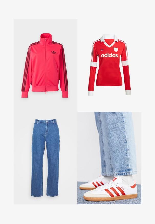 Knallpinkes Trainingsjacke mit Reißverschluss, schwarzem Adidas-Logo auf der Brust und drei schwarzen Streifen, die an jedem Ärmel herunterlaufen.; Rotes Fußballtrikot mit langen Ärmeln, weißem Kragen und weißen Ärmelbündchen. Es hat drei weiße Streifen auf den Schultern und das "adidas"-Logo ist auffällig platziert.; Blaue High-Waist-Jeans mit geradem Bein, ausgestattet mit einem Frontknopfverschluss und seitlichen Taschen. Glatte Textur und keine sichtbaren Muster.; Weiße Leder Sneaker mit roten Streifen und Akzenten. Verfügt über eine strukturierte Gummi-Laufsohle und einen gepolsterten Schaft. Tragen mit hellblauer Jeans.