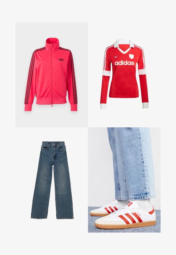 Lyserød træningsjakke med lynlås med sort Adidas-logo på brystet og tre sorte striber ned ad hver ærme.; Rød langærmet fodboldtrøje med hvid krave og manchetter. Har tre hvide striber på skuldrene og "adidas" logoet fremtrædende vist.; Blå denim brede ben jeans med høj talje, fem lommer og kontraststing. Udsivninger og mindre slid synlige på stoffet.; Hvide lædersneakers med røde striber og accenter. Har en tekstureret gummisål og polstret krave. Bæres med lyseblå denim.