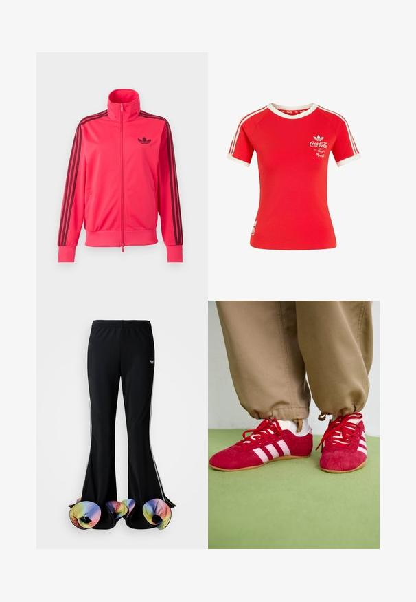Felroze trainingsjas met rits, met zwart Adidas-logo op de borst en drie zwarte strepen langs elke mouw.; Rode Adidas T-shirt met korte mouwen, witte strepen op de mouwen, een witte kraag en een Coca-Cola-logo met de tekst "Ice Cold" op de borst.; Zwarte sportbroek met een brede, uitlopende snit. Voorzien van kleurrijke, gerimpelde onderranden en witte zijstrepen. Gemaakt van rekbaar materiaal.; Rode suède sportschoenen met witte strepen, vlakke rubberen zool en rode veters. Draag met beige broeken, gepositioneerd op een groene ondergrond.