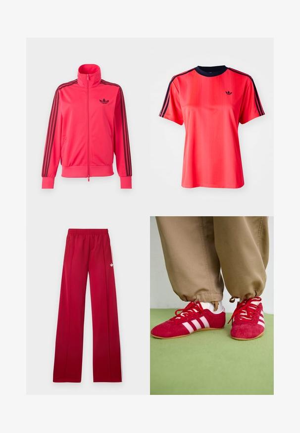 Svetloružová športová bunda na zips s čiernym logom Adidas na hrudi a tromi čiernymi pruhmi na každom rukáve.; Červené športové tričko s krátkymi rukávmi, s vertikálnymi pruhmi, námorníckym okrúhlym výstrihom a malým čiernym logom na prednej strane.; Červené široké teplákové nohavice s elastickým pásom, bočnými zipsovými vreckami, bielymi pruhmi po stranách a malým bielym logom na ľavom stehne.; Červené semišové športové topánky s bielymi pruhmi, plochou gumovou podrážkou a červenými šnúrkami. Nosia sa s béžovými nohavicami, umiestnené na zelenej ploche.