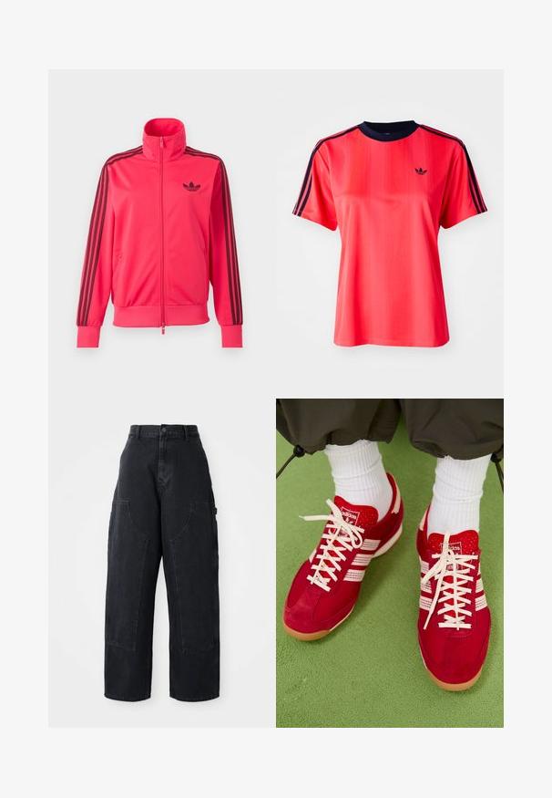 Knallpinkes Trainingsjacke mit Reißverschluss, schwarzem Adidas-Logo auf der Brust und drei schwarzen Streifen, die an jedem Ärmel herunterlaufen.; Rotes sportliches T-Shirt mit kurzen Ärmeln, das von vertikalen Streifen, einem marineblauen Rundhalsausschnitt und einem kleinen schwarzen Logo auf der Vorderseite geprägt ist.; Schwarze Denim Cargo-Hosen mit weitem Bein und hoher Taille, zwei großen Vordertaschen und einem Knopfverschluss an der Taille. Glatte Textur, lässiges Design.; Rote Wildleder- und Mesh-Sportschuhe mit weißen Streifen und Schnürsenkeln. Gummisohle. Getragen mit weißen gerippten Socken auf einer grünen strukturierten Oberfläche.
