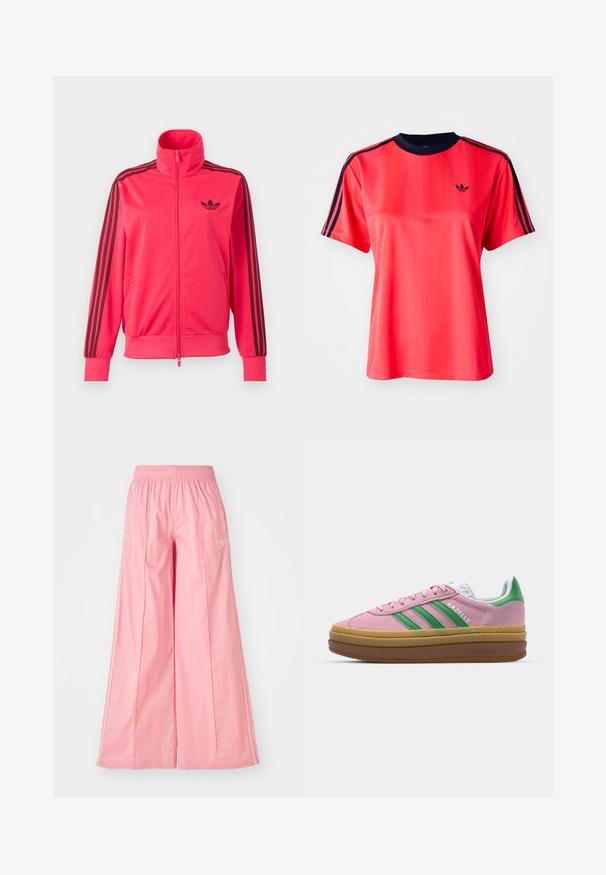 Felroze trainingsjas met rits, met zwart Adidas-logo op de borst en drie zwarte strepen langs elke mouw.; Rode sportieve t-shirt met korte mouwen, voorzien van verticale strepen, een marineblauwe ronde hals en een klein zwart logo op de voorkant.; Roze wijde broeken gemaakt van lichtgewicht stof, met een elastische tailleband en subtiele witte streepjes aan de zijkanten. Klein logo aan de voorkant.; Roze suede sneakers met groene strepen, witte accenten en een bruine rubberen zool. Heeft een gestructureerde stof en logodetails aan de zijkant.