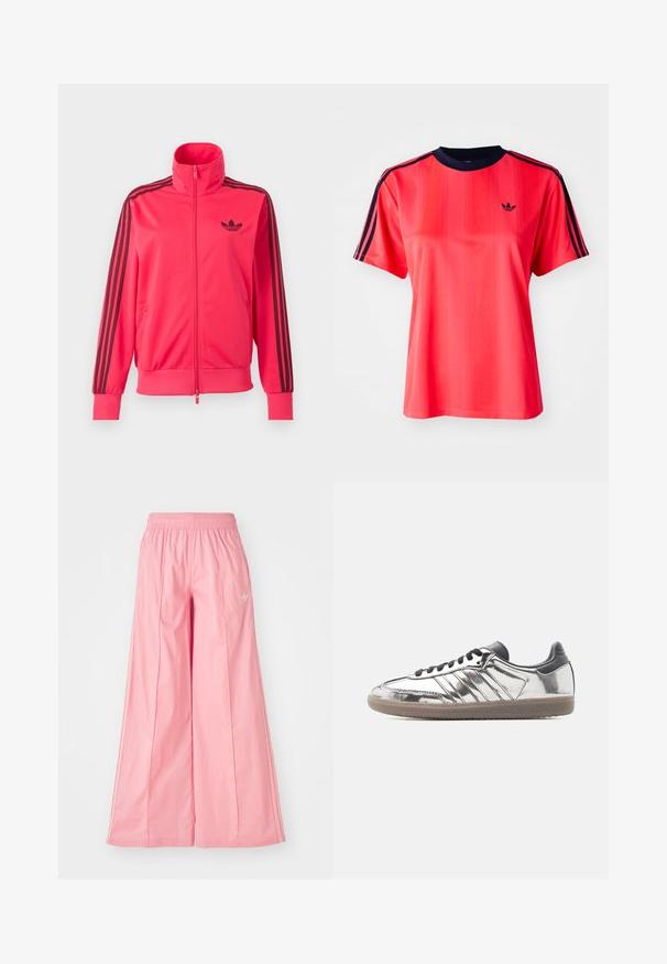Lyserød træningsjakke med lynlås med sort Adidas-logo på brystet og tre sorte striber ned ad hver ærme.; Rød sports t-shirt med korte ærmer, der har lodrette striber, en marineblå rund hals og et lille sort logo på forsiden.; Lyserøde brede bukser lavet af let materiale, med elastisk talje og diskrete hvide side striber. Lille logo på fronten.; Low-top sneaker med reflekterende sølv overdel, sorte snørebånd og hæl samt beige gummisål på en ensfarvet lys baggrund.