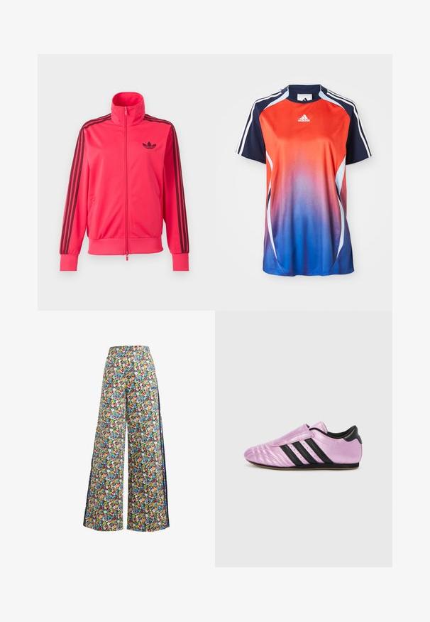 Svetloružová športová bunda na zips s čiernym logom Adidas na hrudi a tromi čiernymi pruhmi na každom rukáve.; Adidas športová košeľa s krátkym rukávom s gradientom od červenej po modrú, s námorníckymi akcentmi a bielymi pruhmi pozdĺž ramien.; Široké květinové nohavice s modrým pozadím, které mají pestrý vzor červených, žlutých a modrých květin a elastický pás.; adidas Originals TAEKWONDO W - Tenisky - purple bliss/lilac/core black