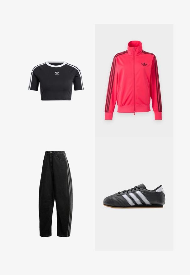 Särav roosa lukuga spordijakk, millel on rinnal must Adidas logo ja kolm musta triipu, mis kulgevad mööda iga varruka allapoole.; Must külmavärviline lühikeste varrukatega puuvillane t-särk, millel on ribatud valge ümar kaelus, lühikesed raglan varrukad ning valged külgriibid väikese logoga.; Mustad laia säärega teksapüksid kõrge vöökohaga, nööp- ja luku sulgemine, esimesed taskud ning kaks halli triipu, mis kulgevad välimisel külgõmblustel.; Must must harjukets, millel on valged triibud, ümmargune varvas, lame tall ja shoelace sulgemine. Omab perforatsioone hingavuse tagamiseks.