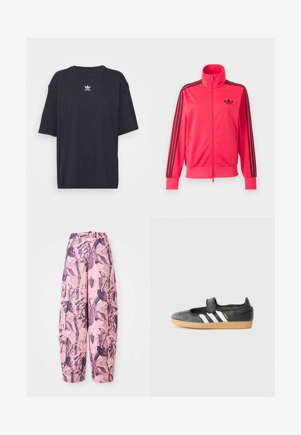 Spilgti rozā rāvējslēdzēja sporta jaka ar melnu Adidas logotipu uz krūtīm un trīs melnām svītrām uz katras piedurknes.; Melna kokvilnas t-kreklā ar īsām piedurknēm un apaļu kakla izgriezumu, uz krūtīm ir balta Adidas logo. Vienkāršs dizains, brīvs piegriezums.; Rozā un purpursarkanu rakstu platas bikses ar lapu un zaru dizainu, augstu jostasvietu un sānu kabatām papildu funkcionalitātei.; Melna ādas un zamša sporta apavi ar Velcro siksnu, kurā ir trīs baltas svītras un gumijas zole, uz sāna uzraksts "SAMBA".