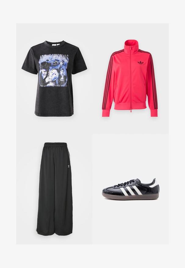 Svetloružová športová bunda na zips s čiernym logom Adidas na hrudi a tromi čiernymi pruhmi na každom rukáve.; Čierne bavlnené tričko s krátkymi rukávmi, s umývaným grafickým potlačou postáv zo "Buffy, preklínačka upírov" v modrých odtieňoch.; Čierne široké tréningové nohavice vyrobené z hladkej látky. Obsahujú elastický pás a bočné pruhy s logom.; Nízky čierny teniska s textúrou pripomínajúcou hadiu kožu, bielymi pruhmi na boku, čiernymi šnúrkami a priehľadnou hnedou podrážkou.