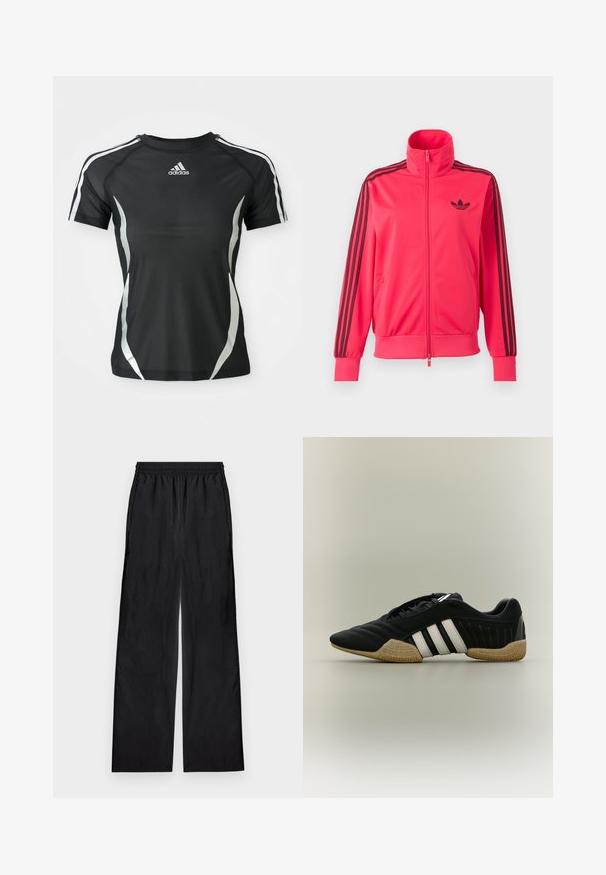 Svetloružová športová bunda na zips s čiernym logom Adidas na hrudi a tromi čiernymi pruhmi na každom rukáve.; Čierne športové tričko Adidas s krátkym rukávom, s bielymi pruhmi na ramenách a striebornými zakrivenými akcentmi po stranách.; Čierne nohavice s širokými nohavicami a elastickým pásom, vyrobené z ľahkej látky, zobrazené na svetlom pozadí.; Čierna športová obuv s bielymi pruhmi a béžovou textúrovanou podrážkou na neutrálom pozadí, zobrazená zo strany.