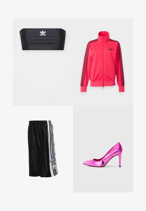 Chaqueta deportiva rosa brillante con cremallera, con logo negro de Adidas en el pecho y tres rayas negras que bajan por cada manga.; Top bandeau negro hecho de tela suave, con un logotipo blanco de Adidas centrado en la parte delantera, sin patrones ni adornos adicionales.; Pantalones cortos deportivos negros de Adidas con paneles laterales blancos, rayas negras, botones automáticos y parches con el logotipo de Adidas en la pierna izquierda.; Zapato de tacón alto de estilete brillante en color rosa metálico con punta afilada, exhibido sobre un fondo gris claro liso.