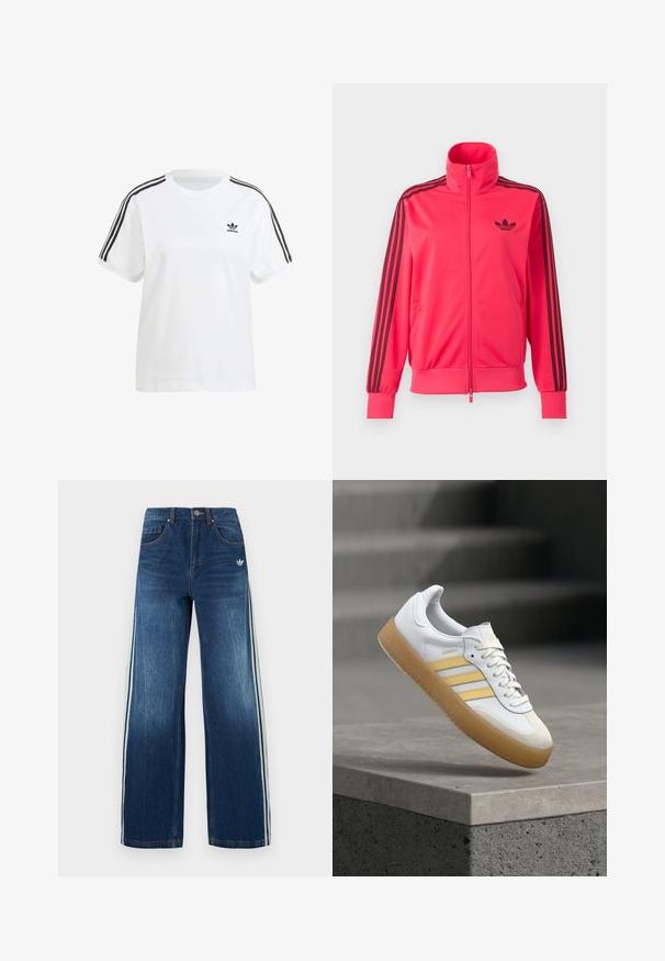 Knallpinkes Trainingsjacke mit Reißverschluss, schwarzem Adidas-Logo auf der Brust und drei schwarzen Streifen, die an jedem Ärmel herunterlaufen.; Weißes Baumwoll-T-Shirt mit kurzen Ärmeln, Rundhalsausschnitt und schwarzen vertikalen Streifen an den Schultern, mit einem kleinen schwarzen Logo auf der Brust.; Jeans mit weitem Bein aus Denim, dunkelblau mit hellblauen Seitenstreifen, Fünf-Taschen-Design, Metallknopf und Reißverschluss, verblasste Textur.; Weißer Ledersneaker mit gelben Akzenten, drei Streifen und einer Gummisohle in Karamellfarbe. Verfügt über eine abgerundete Spitze und eine strukturierte Zunge.