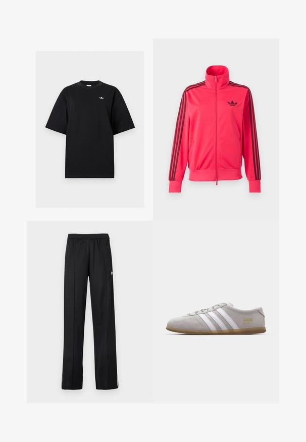 Särav roosa lukuga spordijakk, millel on rinnal must Adidas logo ja kolm musta triipu, mis kulgevad mööda iga varruka allapoole.; Mustad lühikeste varrukatega ümara kaelusega T-särk, mille vasakul rinnal on väike valge Adidas Trefoil logo, esitatud ühtlasel heledal taustal.; Mustad spordipüksid elastse vöökohaga, külgedel lukkudega taskud, allosas valged triibud ja väike valge logo küljel.; Hall värvi suede tossud valgete nahkraitsete ja kuldse logo detailiga. Üksikasjalik kummikummist talla, ümar nina ja klassikaline paeltega sulgemise disain.