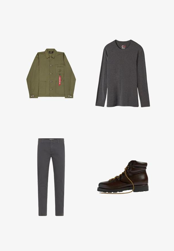 Chaqueta verde oliva con cierre de botones, bolsillo en el pecho, logo del USMC y dos bolsillos inferiores. Cuenta con botones de metal y una etiqueta roja.; Camisa de manga larga en gris oscuro, hecha de material suave. Presenta un escote redondo y costuras mínimas. La etiqueta dice "Cashmere Heat".; Pantalones grises de corte ajustado, elaborados en suave algodón. Presentan un cierre con botón, presillas para cinturón y un diseño limpio y aerodinámico. Sin patrones visibles.; Botas de senderismo de cuero marrón con punta redondeada, superficie texturizada, cordones amarillos y ojales de metal. Cuentan con una suela de goma negra resistente.