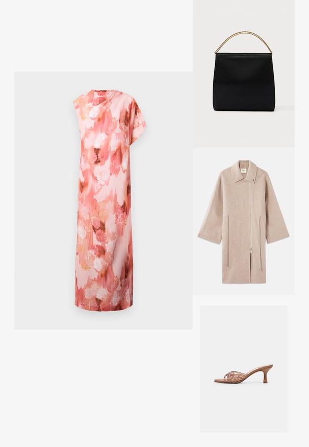 Abrigo de mezcla de lana color beige con cuello alto, cierre frontal de cremallera, bolsillos laterales y mangas anchas; textura suave y diseño minimalista.; Vestido maxi floral en suaves tonos rosa y melocotón, con un patrón abstracto de acuarela, mangas cortas y una silueta relajada.; Sandalia mule marrón de punta abierta con tiras superiores tejidas y tacón curvado de altura media sobre un fondo blanco liso.; Bolso negro de tela suave, con forma estructurada, asa de cadena dorada y diseño geométrico minimalista.