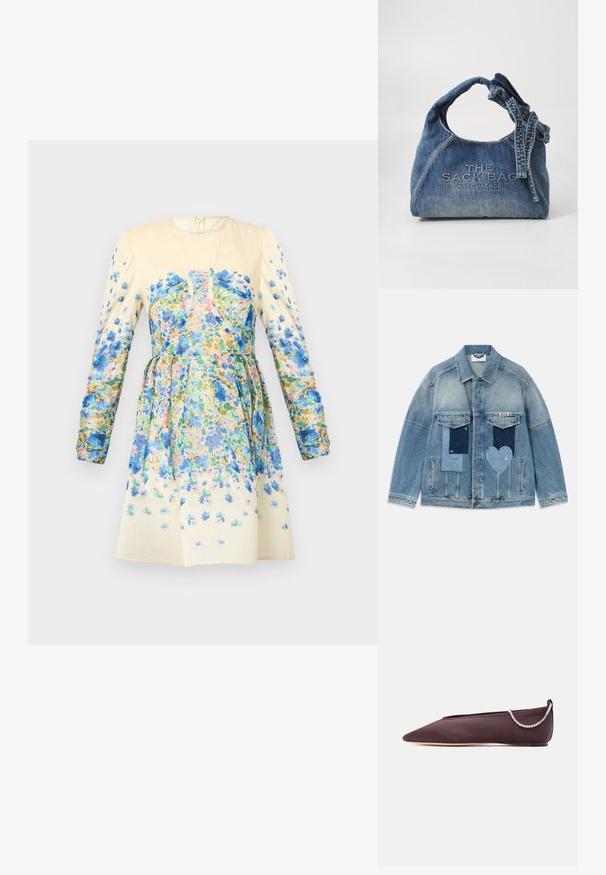 Helle blaue Jeansjacke mit Patchwork-Designs, darunter rechteckige und herzförmige Patches, aufgesetzte Vordertaschen und eine Knopfverschluss.; Blumenkleid in Beige mit langen Puffärmeln, ausgestattet mit mehrfarbigen Druckmotiven in Blau, Pink und Grün. Taillierte Silhouette mit weit schwingendem Rockdesign.; Dunkelbrauner flacher Schuh mit spitz zulaufender Spitze, niedrigem Absatz und einer silbernen Strasssteinkette auf der Rückseite.; Denim-Tragetasche mit einem verdrehten Henkel. Mit geprägtem Text "THE SACK BAG" und "MARC JACOBS." Glatte Textur mit leichtem Verblassen.