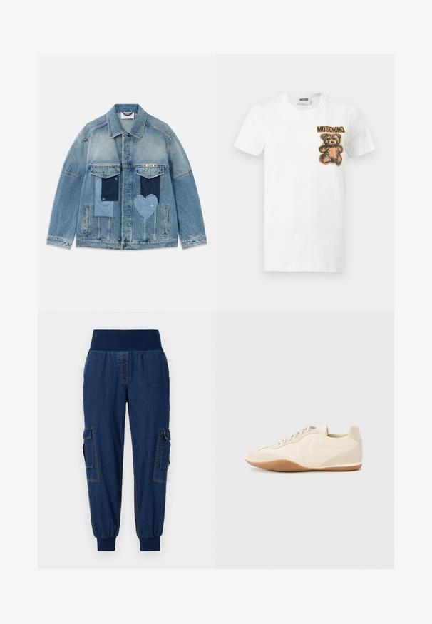 Lyseblå denimjakke med patchwork-design, herunder rektangulære og hjerteformede lapper, forlommer og knaplukning.; Hvid t-shirt med korte ærmer med en bamse-grafik og teksten "MOSCHINO" i brun på øverste venstre brystside.; Denim joggerbukser med en bred elastisk talje, to sidelommer og ribbede ankler; mørkeblå farve med kontraststing.; Lyse beige sneakers med en tekstureret læderoverdel, teksturerede sider og en gummisål. Har et slankt, strømlinet design og flade snørebånd.