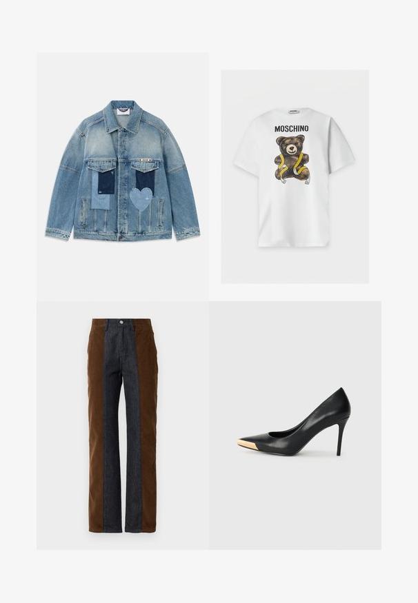 Lyseblå denimjakke med patchwork-design, herunder rektangulære og hjerteformede lapper, forlommer og knaplukning.; Hvid T-shirt med korte ærmer med teksten "MOSCHINO" og en brun tøjdims viklet ind i et gult målebånd på fronten.; Corduroy- og denimbukser med lodret panelering i mørkebrun og navy blå, med lige pasform og standard fem-lomme design.; Sort læder stiletter med spids tå; har et metalisk guldakcent på tåkapperne. Glat overflade med et strømlinet design.