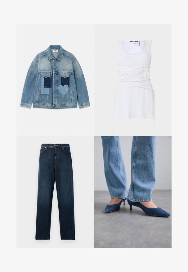 Chaqueta de mezclilla azul claro con diseños de parche, incluidos parches rectangulares y en forma de corazón, bolsillos de solapa en la parte delantera y cierre de botones.; Top sin mangas blanco con detalles de encaje cruzado, con escote redondo y dobladillo recto. Marca: Moschino Couture.; Vaqueros rectos de mezclilla de color azul oscuro, con un diseño clásico de cinco bolsillos, detalles de costura y un cierre de botón en la cintura.; Zapatos de tacón kitten de ante azul con punta afilada y tacón bajo, combinados con jeans de mezclilla azul claro con corte recto.