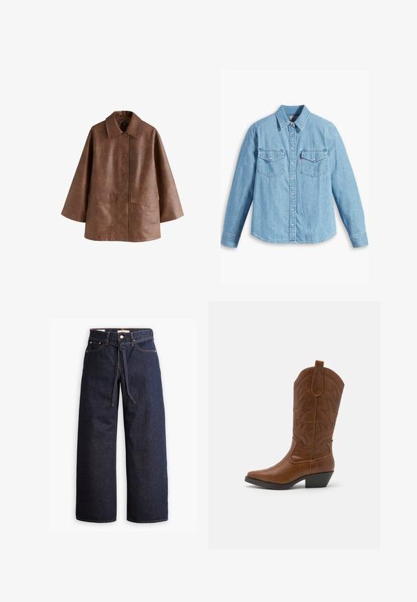 Brun kunstlæder oversized jakke med brede ærmer, stor krave, frontknapper og to forlommer med klap.; Lyseblå denimskjorte med lange ærmer, spidse krave, to brystlommer, knaplukning og subtil tekstur. Ingen synlige mønstre.; Bredde ben mørkeblå denim jeans med høj talje, der har snoretræk, fem lommer og kontrastsyet detaljer.; ONLY SHOES ONLBRONCO - Cowboy- / bikerstøvler - brown