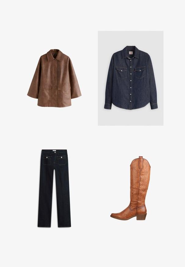 Bruine faux leren oversized jas met ruime mouwen, grote kraag, knopen aan de voorkant en twee voorzakken met kleppen.; Donkerblauwe denim overhemd met lange mouwen, kraag met knopen aan de voorkant, twee borstzakken met kleppen en contrasterende gele stiksels.; Donkerblauwe spijkerbroek met een rechte pijp, voorzien van twee voorzakken en zichtbare stiknaden. Geen zichtbare slijtage.; Bruine leren laarzen tot de knie met een lichtpuntige neuzen, decoratieve stiksels en een bescheiden hak. Textuurafwerking met een trekhaak aan de achterkant.