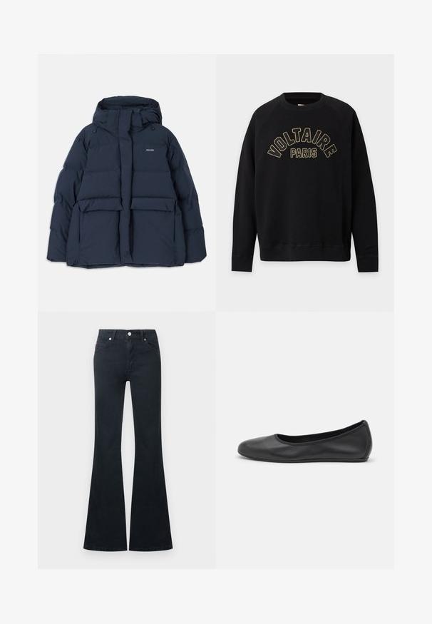 Veste doudoune bleu marine avec capuche, dotée de deux poches avant, d'une fermeture éclair et de sections quiltées texturées. Design léger.; Sweat-shirt noir à manches longues avec poignets et ourlet côtelés, avec texte en jaune contourné "VOLTAIRE PARIS" sur le devant.; Jean en denim noir évasé avec une taille haute, cinq poches et une fermeture à bouton métallique. Texture lisse et détails de couture contrastés.; Ballerines en cuir noir avec un bout rond, texture lisse, détails de couture minimalistes et design de semelle flexible.