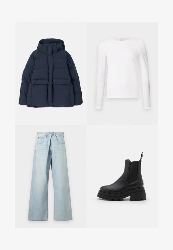 Veste doudoune bleu marine avec capuche, dotée de deux poches avant, d'une fermeture éclair et de sections quiltées texturées. Design léger.; T-shirt blanc à manches longues en coton doux, avec un col rond et une coupe ajustée, présentant des coutures propres et sans motifs visibles.; Jean denim bleu clair à jambes larges avec passants de ceinture et poches avant, présenté de face sur un fond uni.; Bottines Chelsea noires en cuir lisse avec des panneaux latéraux élastiques, une semelle en caoutchouc épaisse et nervurée, et une languette à l'arrière.