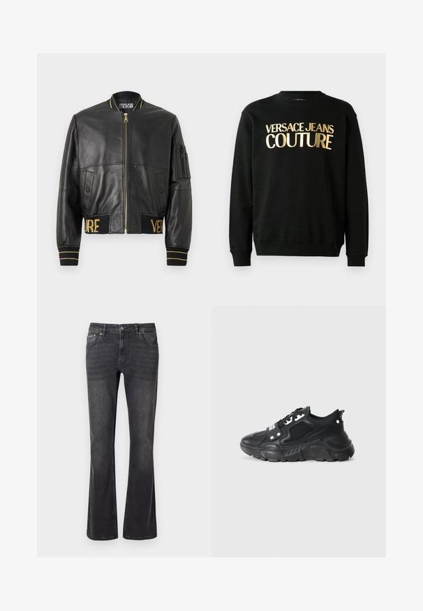 Chaqueta bomber de cuero negro con cremallera dorada, puños y dobladillo acanalados, y un bolsillo en la manga izquierda. Presenta las palabras "VER" y "SAGE" bordadas en dorado.; Sudadera negra hecha de una mezcla de algodón y poliéster, con texto impreso en dorado "VERSACE JEANS COUTURE" en el frontal en una fuente en negrita.; Jeans de mezclilla negra con diseño acampanado, cinco bolsillos y cierre de botón metálico. La tela tiene una textura suave con un ligero desgaste.; Zapatilla deportiva negra con un panel de malla texturizada, suela de goma gruesa, acentos en contraste y cierre con cordones. Presenta una pestaña trasera.