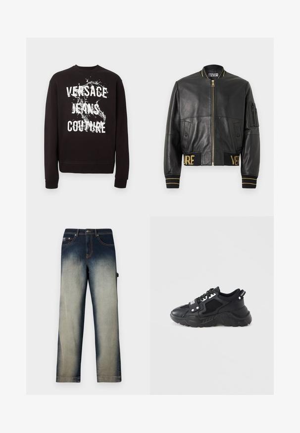 Blouson aviateur en cuir noir avec une fermeture éclair dorée, des poignets et une ceinture côtelés, et une poche sur la manche gauche. Présente les mots « VER » et « SAGE » brodés en doré.; Sweatshirt noir à manches longues avec texte blanc "Versace Jeans Couture" et motif éclaboussure d'eau sur le devant. Poignets et ourlet côtelés.; Jeans en denim avec jambes droites et effet délavé, passant d'un bleu foncé à la taille à un bleu clair sur les jambes, avec poches avant et passants de ceinture.; Baskets noires à semelle épaisse, avec des panneaux en mesh et des accents en cuir. Comprennent des lacets blancs et un logo sur le côté.