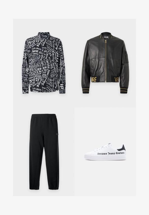 Schwarze Leder-Bomberjacke mit goldenem Reißverschluss, gerippten Bündchen und Saum sowie einer Tasche am linken Ärmel. Verziert mit goldener Stickerei der Schriftzüge "VER" und "SAGE".; Schwarzes Langarmshirt mit weißem "Versace Jeans Couture"-Schriftzug in verschiedenen Schriftarten und Größen, mit hohem Kragen und entspannter Passform.; Schwarze Jogginghose mit elastischem Bund, schmal zulaufenden Beinen und einem kleinen Markenpatch. Hergestellt aus glattem, leichtem Stoff.; Weißer Sneaker mit niedrigem Schnitt, schwarzem Fersenlasche, Schnürdesign und dem Schriftzug "Versace Jeans Couture" in Schwarz auf der Seite gedruckt.